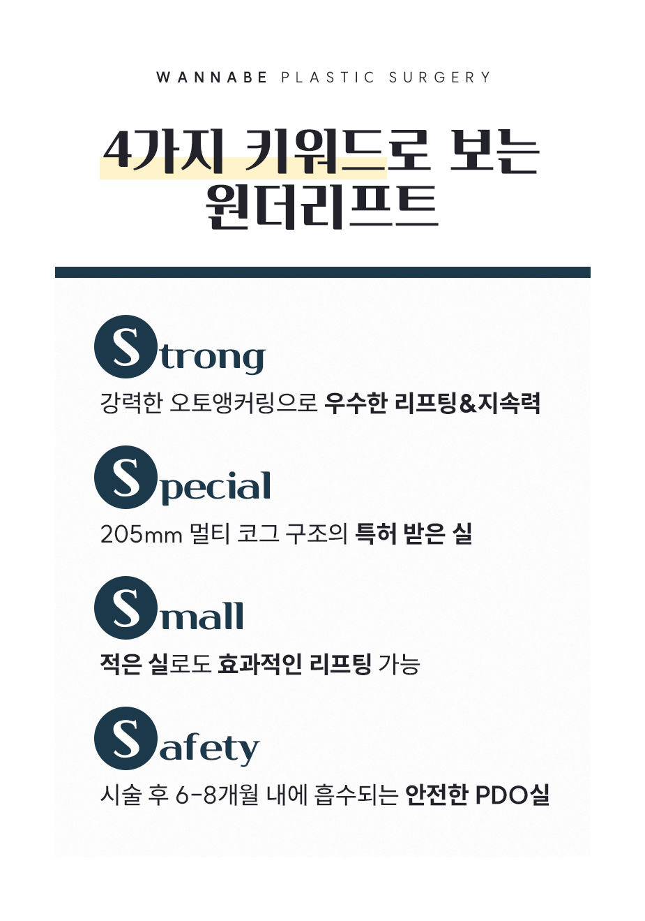 원더리프트 - Strong 강력한 오토앵커링으로 우수한 리프팅&지속력, Special 205mm 멀티 코그 구조의 특허받은 실, Small 적은 실로도 효과적인 리프팅 가능, Safety 시술 후 6~8개월 내에 흡수되는 안전한 PDO실