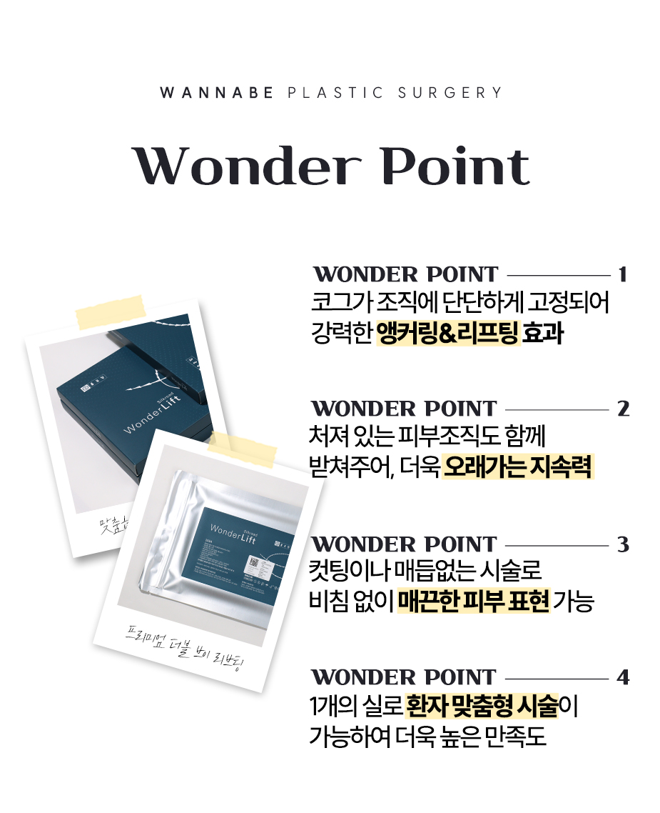 Wonder Point - 1.코그가 조직에 단단하게 고정되어 강력한 앵커링&리프팅 효과, 2.처져있는 피부조직과 함께 받쳐주어 더욱 오래가는 지속력, 3.컷팅이나 매듭없는 시술로 비침없이 매끈한 피부 표현 가능, 4.1개의 실로 환자 맞춤형 시술이 가능하여 더욱 높은 만족도.