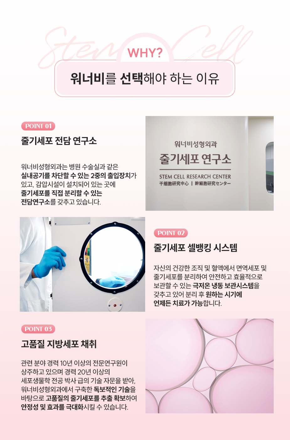 워너비를 선택해야 하는 이유 - 1.줄기세포 전담 연구소, 2.줄기세포 셀뱅킹 시스템, 3.고품질 지방세포 재취